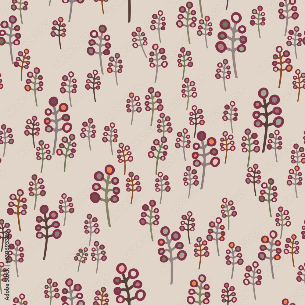 Seamless pattern with cartoon-style hand-drawn berries and branches. The Red and tan pattern with colorful dots is cute, neutral, and has a Christmas, winter, and autumn feel.