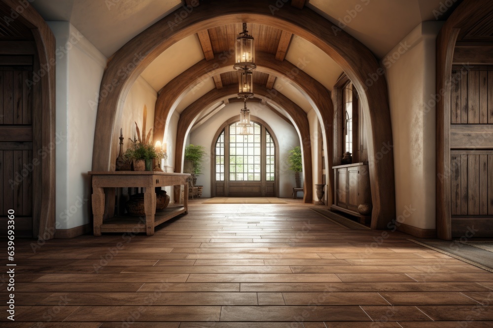 Arched ceiling and timber beams in farmhouse hallway. Rustic style interior design of entrance hall in country house