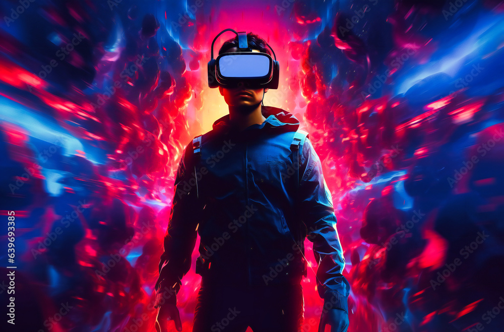 Wearing a VR headset, a man's presence is accentuated by the vibrant glow of neon lights, symbolizing the immersion into digital realms Wearing a VR headset, a man's presence is accentuated by the vibrant glow of neon lights, symbolizing the immersion into digital realms