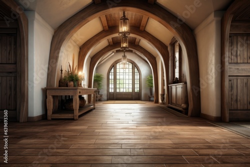 Arched ceiling and timber beams in farmhouse hallway. Rustic style interior design of entrance hall in country house