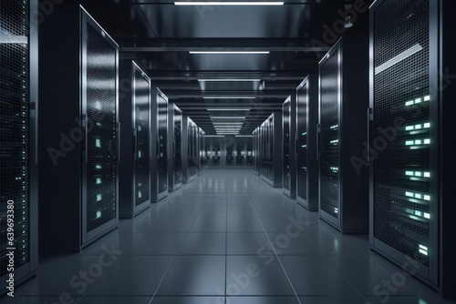 Long hallway of a data center showcasing rows of servers and high-tech infrastructure for efficient information management, AI Generative. © sorapop