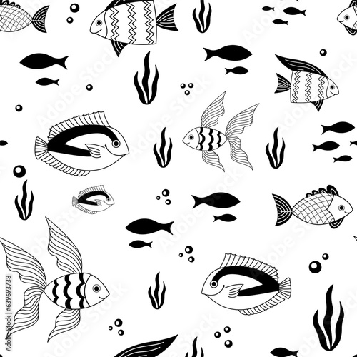Vector seamless pattern with black and white cartoon fishes