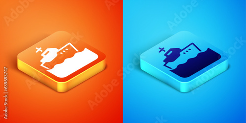 Isometric Cruise ship icon isolated on orange and blue background. Travel tourism nautical transport. Voyage passenger ship, cruise liner. Worldwide cruise. Vector
