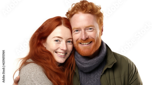 portrait of adult 45 yo red hair Irish caucasian couple looking at camera. nice guys and lady restrained in emotions. Emotions, people concept