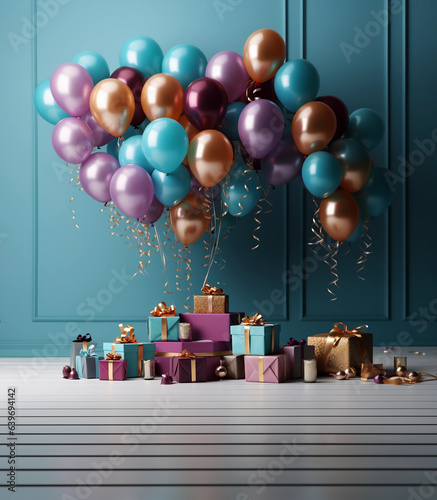 Birthday celebrations card. Gift boxes and Bunch of balloons 