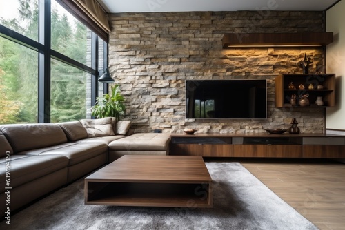 Beige leather sofa in room with stone cladding wall. Rustic interior design of modern living room with tv unit