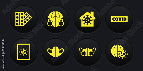 Set Virus statistics on monitor, Corona virus covid-19, Medical protective mask, Stay home, Earth with medical, globe and Pills in blister pack icon. Vector