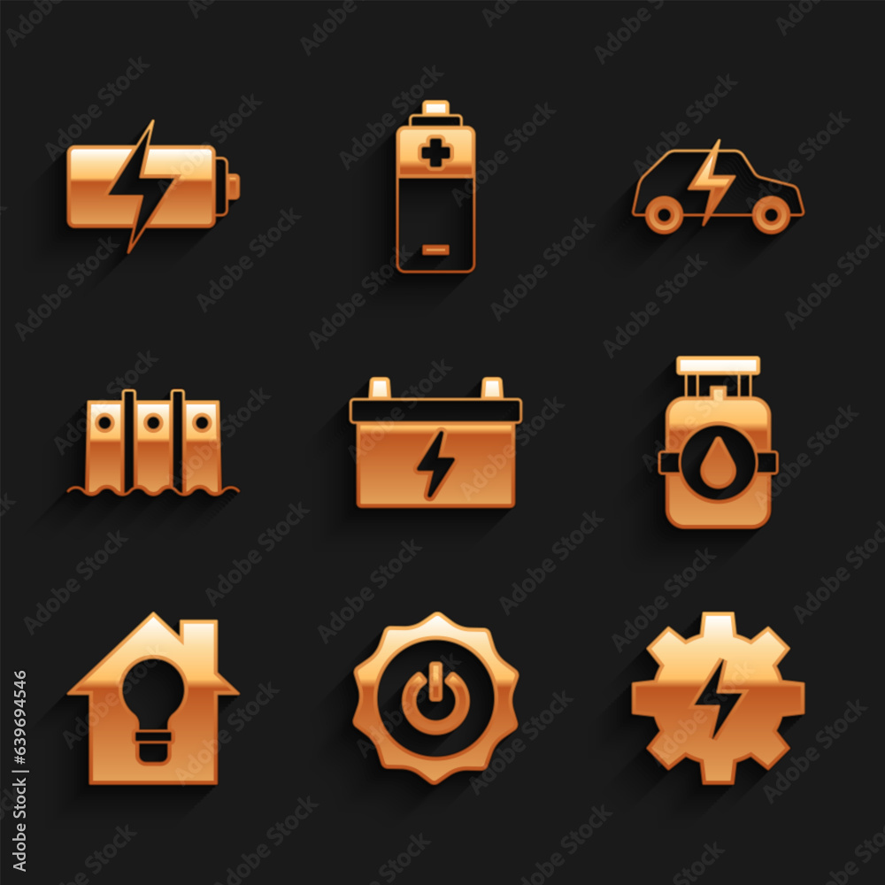 Set Car battery, Power button, Gear and lightning, Propane gas tank, Smart house bulb, Hydroelectric dam, Electric car and Battery icon. Vector Set Car battery, Power button, Gear and lightning, Propane gas tank, Smart house bulb, Hydroelectric dam, Electric car and Battery icon. Vector