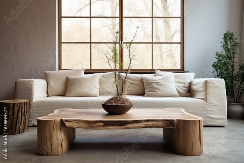 Beige sofa and rustic coffee table made from wood logs. Minimalist home interior design of modern living room