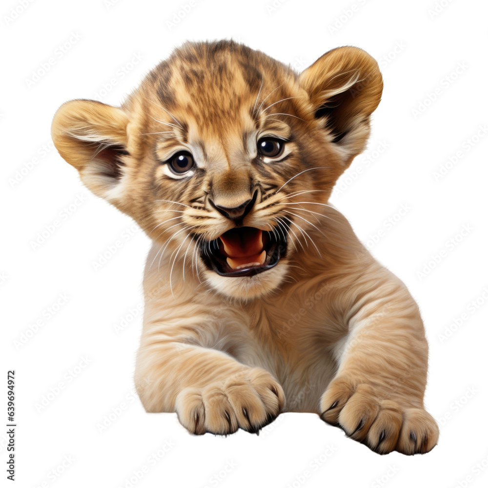 Fototapeta premium baby lion cub playing face on transparent background.