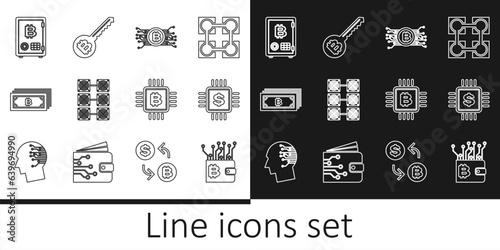 Set line Cryptocurrency wallet, Processor chip with dollar, bitcoin in circuit, Mining farm, Proof of stake, CPU mining and key icon. Vector