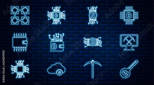 Set line Cryptocurrency key, Mining with monitor and pickaxe, bitcoin circuit, wallet, Blockchain technology, and CPU mining farm icon. Vector