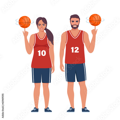 Happy basketball players couple in uniform with ball isolated on white background. Vector illustration.