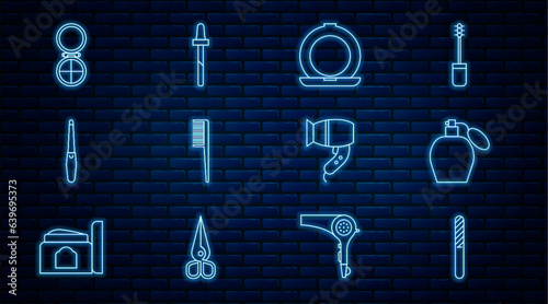 Set line Nail file, Perfume, Makeup powder with mirror, Hairbrush, dryer and Pipette icon. Vector