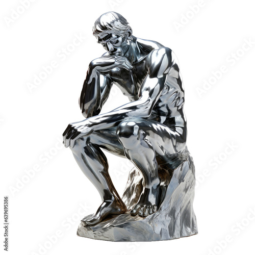 Metallic statue of a person is thinking on transparent background.