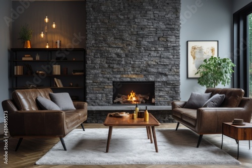 Brown leather chairs and grey sofa in room with fireplace. Mid-century style home interior design of modern living room