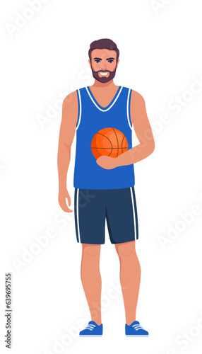 Happy man basketball player in uniform with ball isolated on white background. Vector illustration.