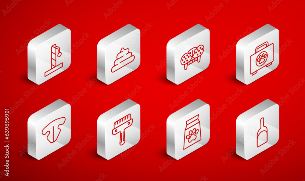 Set line Dustpan, Shit, Cat tooth, Pet first aid kit, Bag of food for pet, scratching post, Hair brush dog and cat and nose icon. Vector Set line Dustpan, Shit, Cat tooth, Pet first aid kit, Bag of food for pet, scratching post, Hair brush dog and cat and nose icon. Vector