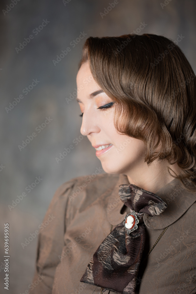 Stylish lady in an elegant suit in Victorian style, suit with steampunk elements, close-up portrait