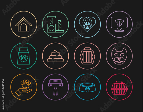 Set line Pet carry case, Cat, Heart with cat, Shit, Bag of food for pet, Dog house, and scratching post icon. Vector