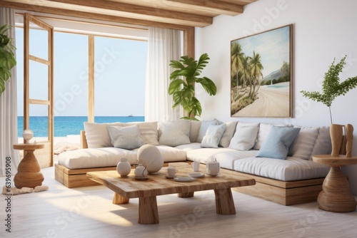 Coastal  Mediterranean style interior design of modern living room with corner sofa and wooden side tables