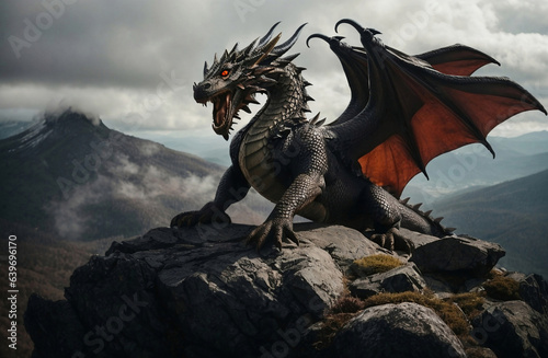 A fierce dragon on rock mountain with sky background.