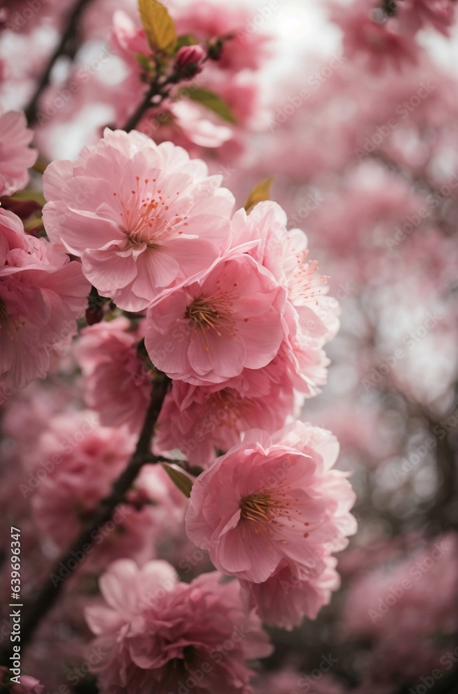 A blooming pink cherry blossom in nature. A blooming pink cherry blossom in nature.