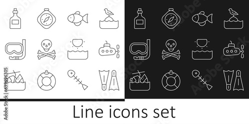 Set line Flippers for swimming, Submarine, Fish, Skull on crossbones, Diving mask and snorkel, Rum bottle, Sun and Compass icon. Vector