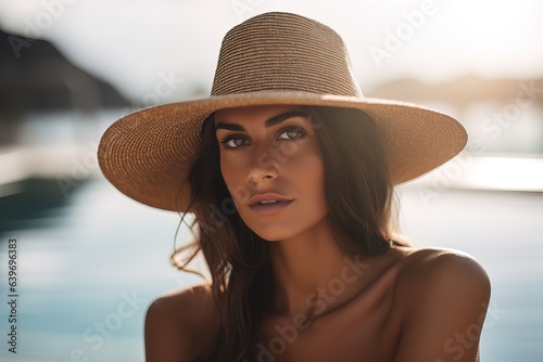 brunette girl with long hair in wide-brimmed hat on beach
