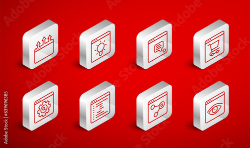 Set line Browser incognito window, New chat messages notification, Online shopping screen, and setting icon. Vector