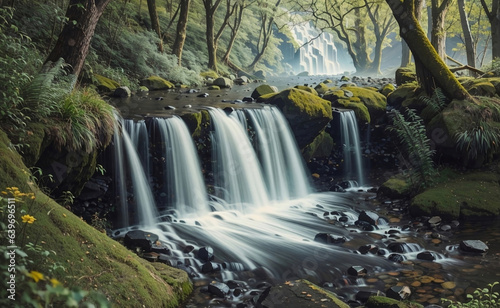 A beautiful waterfall in a green forest.