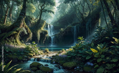 A beautiful waterfall in a green forest. © Creative_Bringer
