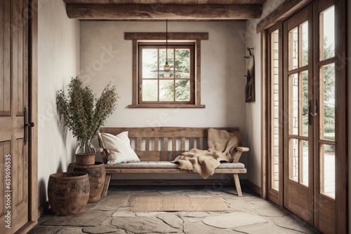 Cozy interior design of modern rustic entrance hall with door in farmhouse. Hallway with timber beam ceiling © Interior Design