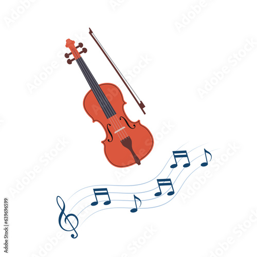 Classic violin with bow. Treble clef with notes on wavy lines. Concept of music and entertainment. Vector illustration.