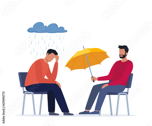 Psychotherapy session. Patient sitting under the rain cloud, a specialist giving him an umbrella. Talk therapy concept. Vector illustration.
