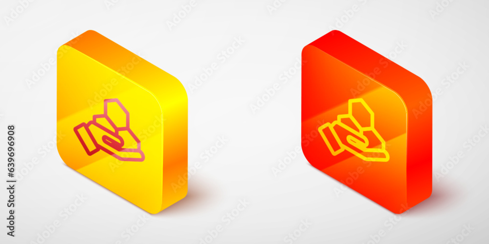Isometric line Honeycomb and hand icon isolated on grey background. Honey cells symbol. Sweet natural food. Yellow and orange square button. Vector Isometric line Honeycomb and hand icon isolated on grey background. Honey cells symbol. Sweet natural food. Yellow and orange square button. Vector