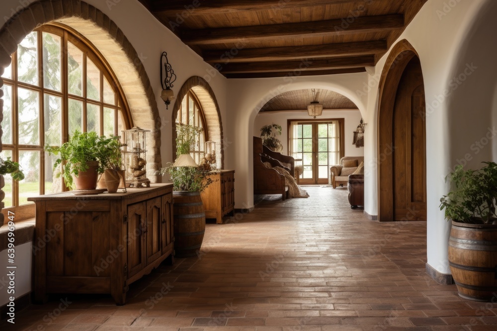 Curved columns in farmhouse hallway. Rustic style interior design of modern entrance hall in country house