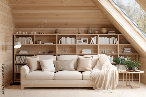 Cream color sofa with many pillows near wooden paneling wall with shelves. Scandinavian interior design of modern stylish living room in attic