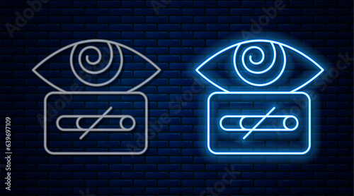 Glowing neon line Hypnosis icon isolated on brick wall background. Human eye with spiral hypnotic iris. Vector