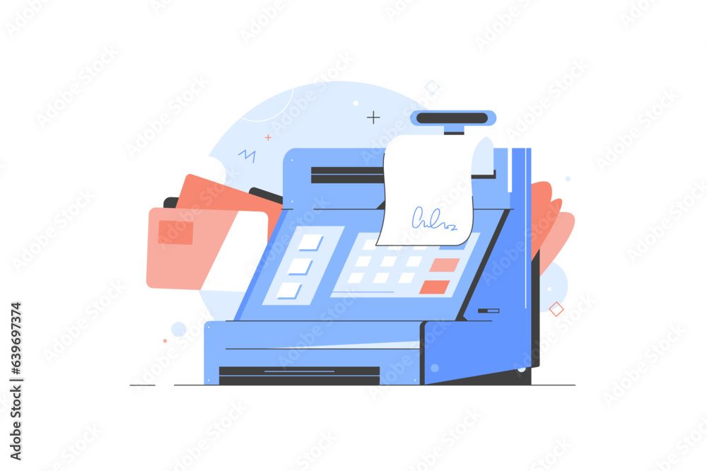 Cash register at the workplace in supermarket, shop. Concept using modern technology at workspace. Icon for cashier employee in store. Using electronic payment by card with check. Vector illustration Cash register at the workplace in supermarket, shop. Concept using modern technology at workspace. Icon for cashier employee in store. Using electronic payment by card with check. Vector illustration