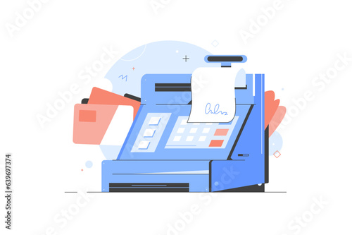 Cash register at the workplace in supermarket, shop. Concept using modern technology at workspace. Icon for cashier employee in store. Using electronic payment by card with check. Vector illustration
