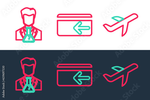Set line Plane, Scientist and test tube and Cash back icon. Vector