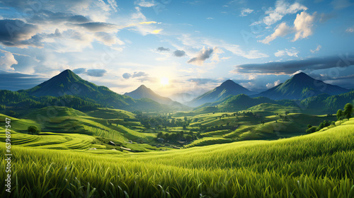 Colorful landscape on a bright summer day, green grass and stream, mountains in the background. AI generated © kiberstalker