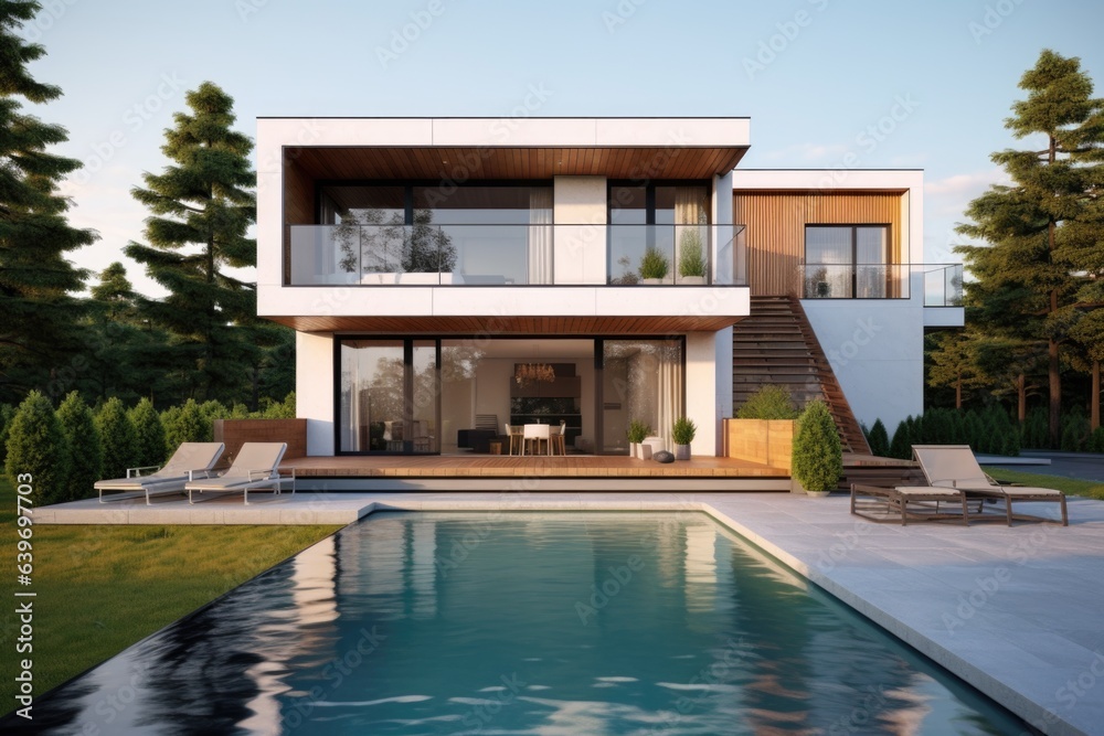 Exterior of modern minimalist cubic villa with balcony, terrace and swimming pool.