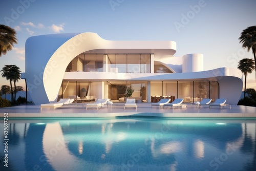Exterior of modern minimalist white villa with swimming pool. Rich house with round shapes © Interior Design