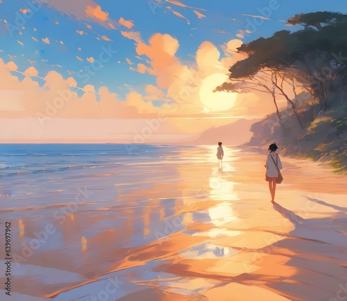 illustration of a lovers contemplating the sunset on the beach. Digital art of cute Valentine's couple in the sand by the sea of ​​a beautiful tropical coastline. beautiful sunrise at sea.