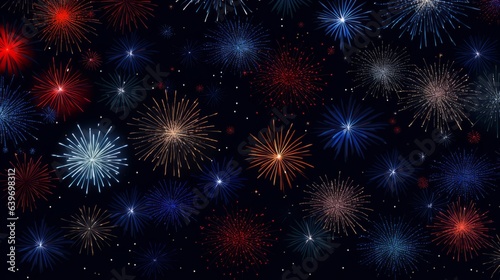 Seamless vector pattern of fireworks. Stunning night fireworks wallpaper on a black background. Bright and colorful fireworks texture illustration. Midnight with multicolored firework pattern.