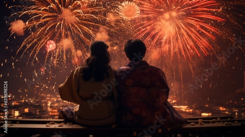 Silhouette of a Japanese couple in traditional Yukatas on a fireworks festival watching the Beautiful midnight fireworks. Young couple adores stunning fireworks show. Asian pair hugging outdoors.