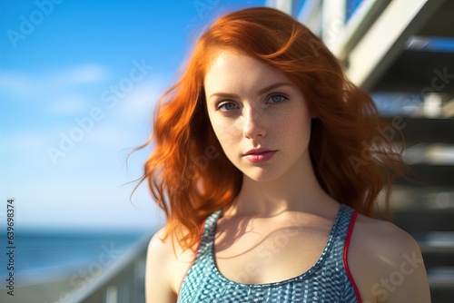 Portrait of beautiful red-haired girl at sunset by sea