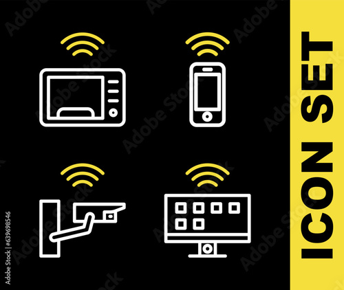 Set line Wireless smartphone, Smart Tv system, security camera and microwave oven icon. Vector